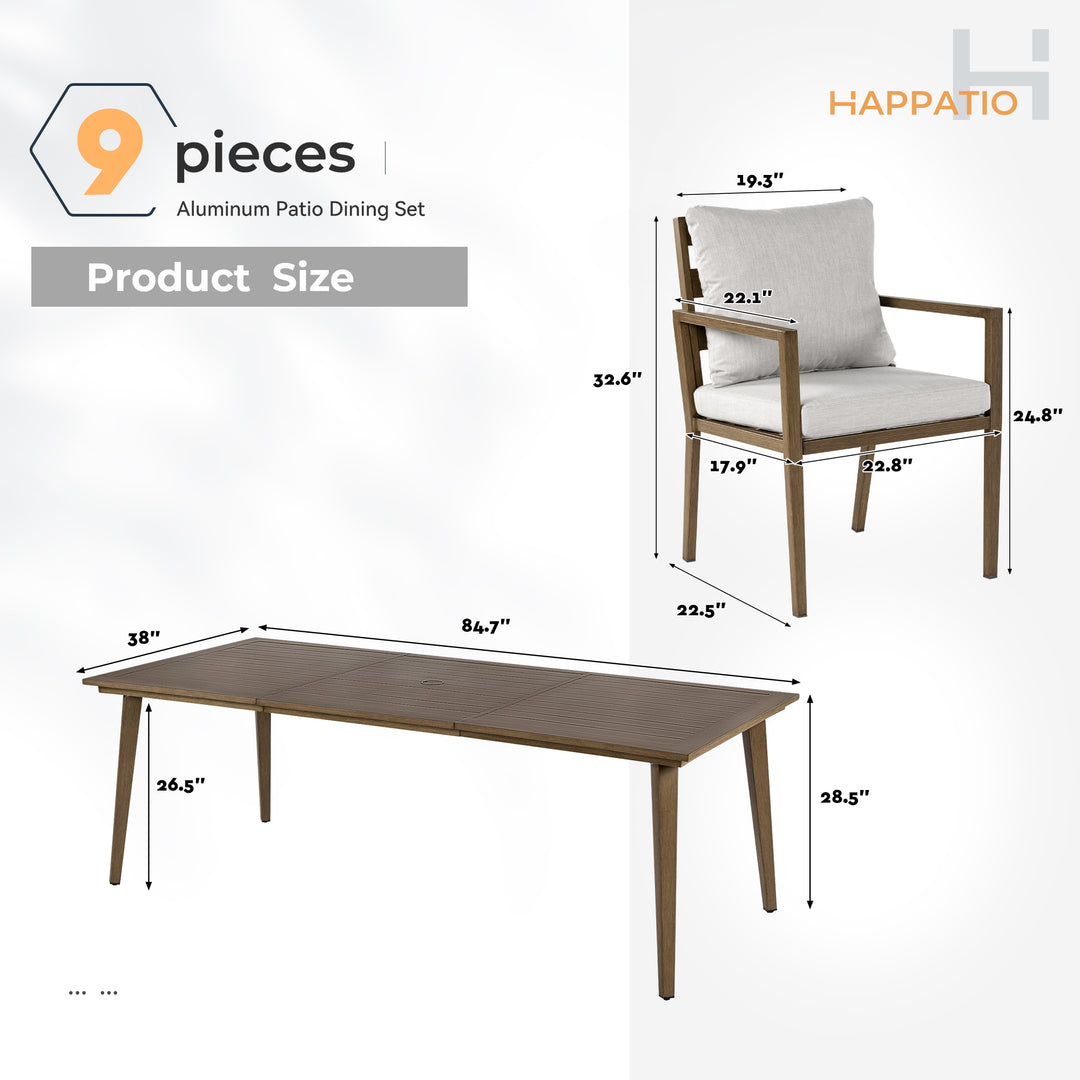 HAPPATIO Outdoor Dining Set,  Aluminum Patio Dining Set with Wood-Like Hand-Painted Finish, Dining Chairs with Waterproof Cushions, Easy Assembly for Backyard, Garden, Porch