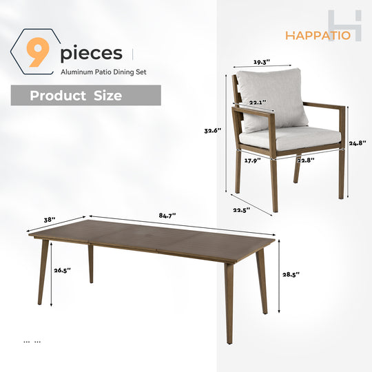 HAPPATIO Outdoor Dining Set,  Aluminum Patio Dining Set with Wood-Like Hand-Painted Finish, Dining Chairs with Waterproof Cushions, Easy Assembly for Backyard, Garden, Porch