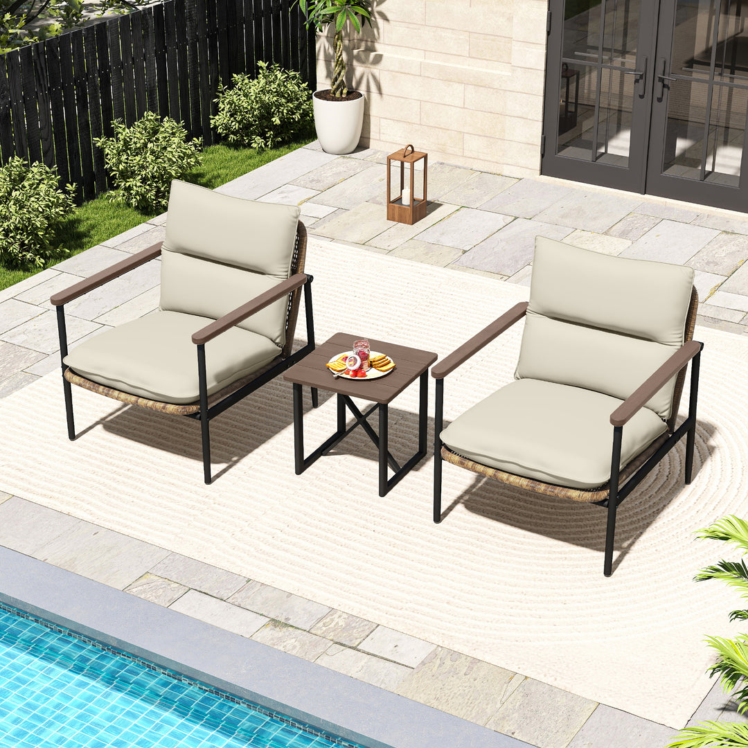 HAPPATIO Outdoor Furniture Set, Patio Aluminum Conversation Set with Wicker Seat and Acacia Wood Armrest, Removable Thick Olefin Cushion for Garden Lawn Backyard