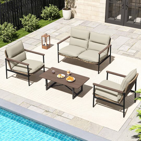 HAPPATIO Outdoor Furniture Set, Patio Aluminum Conversation Set with Wicker Seat and Acacia Wood Armrest, Removable Thick Olefin Cushion for Garden Lawn Backyard