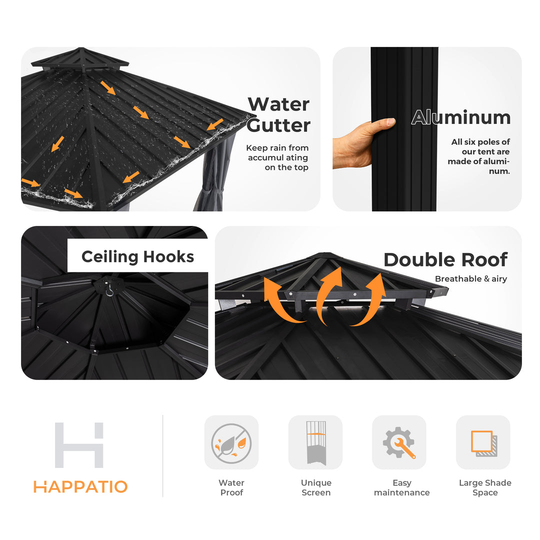 HAPPATIO 13' x 15' Hardtop Gazebo, Outdoor Hexagonal Gazebo with Galvanized Steel Roof, Aluminum Frame with Curtains and Netting, Metal Permanent Gazebos for Patios, Gardens