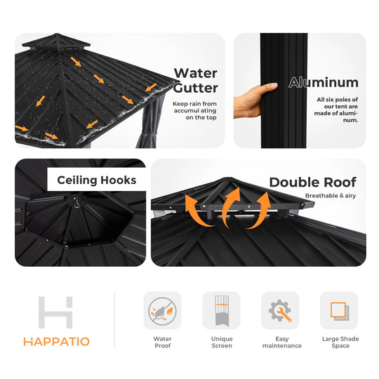 HAPPATIO 13' x 15' Hardtop Gazebo, Outdoor Hexagonal Gazebo with Galvanized Steel Roof, Aluminum Frame with Curtains and Netting, Metal Permanent Gazebos for Patios, Gardens