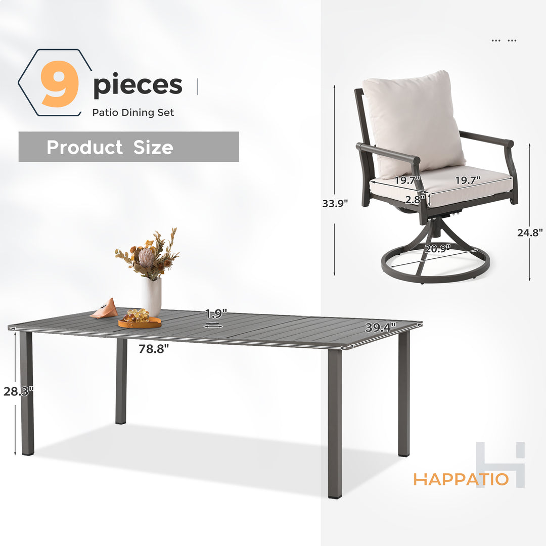 HAPPATIO Patio Dining Set, Metal Outdoor Table and Chairs  Ser, Powder-Coated Metal Chairs with Thickened Cushions, Rectangular Table with Umbrella Hole for Deck Backyard Lawn