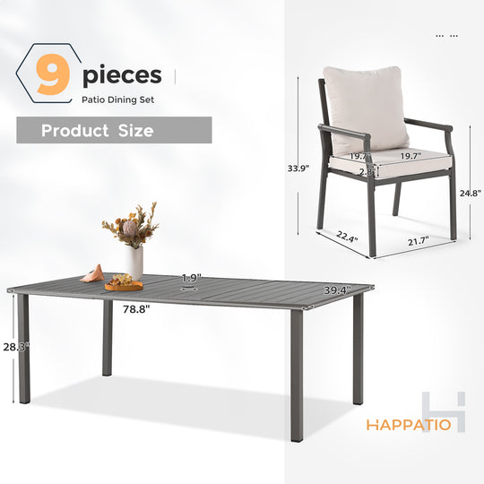 HAPPATIO Patio Dining Set, Metal Outdoor Table and Chairs  Ser, Powder-Coated Metal Chairs with Thickened Cushions, Rectangular Table with Umbrella Hole for Deck Backyard Lawn