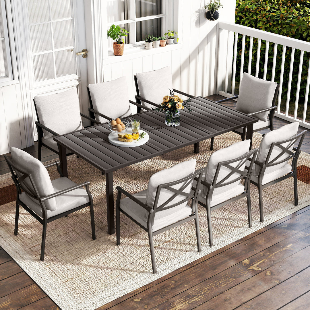 HAPPATIO Patio Dining Set, Metal Outdoor Table and Chairs  Ser, Powder-Coated Metal Chairs with Thickened Cushions, Rectangular Table with Umbrella Hole for Deck Backyard Lawn