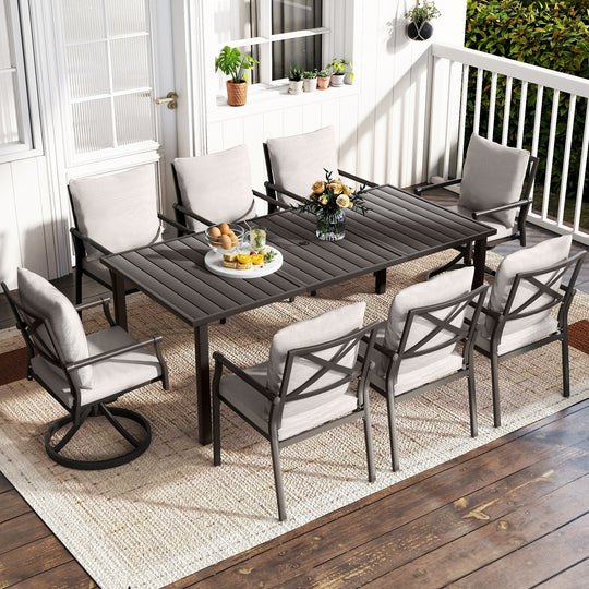 HAPPATIO Patio Dining Set, Metal Outdoor Table and Chairs  Ser, Powder-Coated Metal Chairs with Thickened Cushions, Rectangular Table with Umbrella Hole for Deck Backyard Lawn
