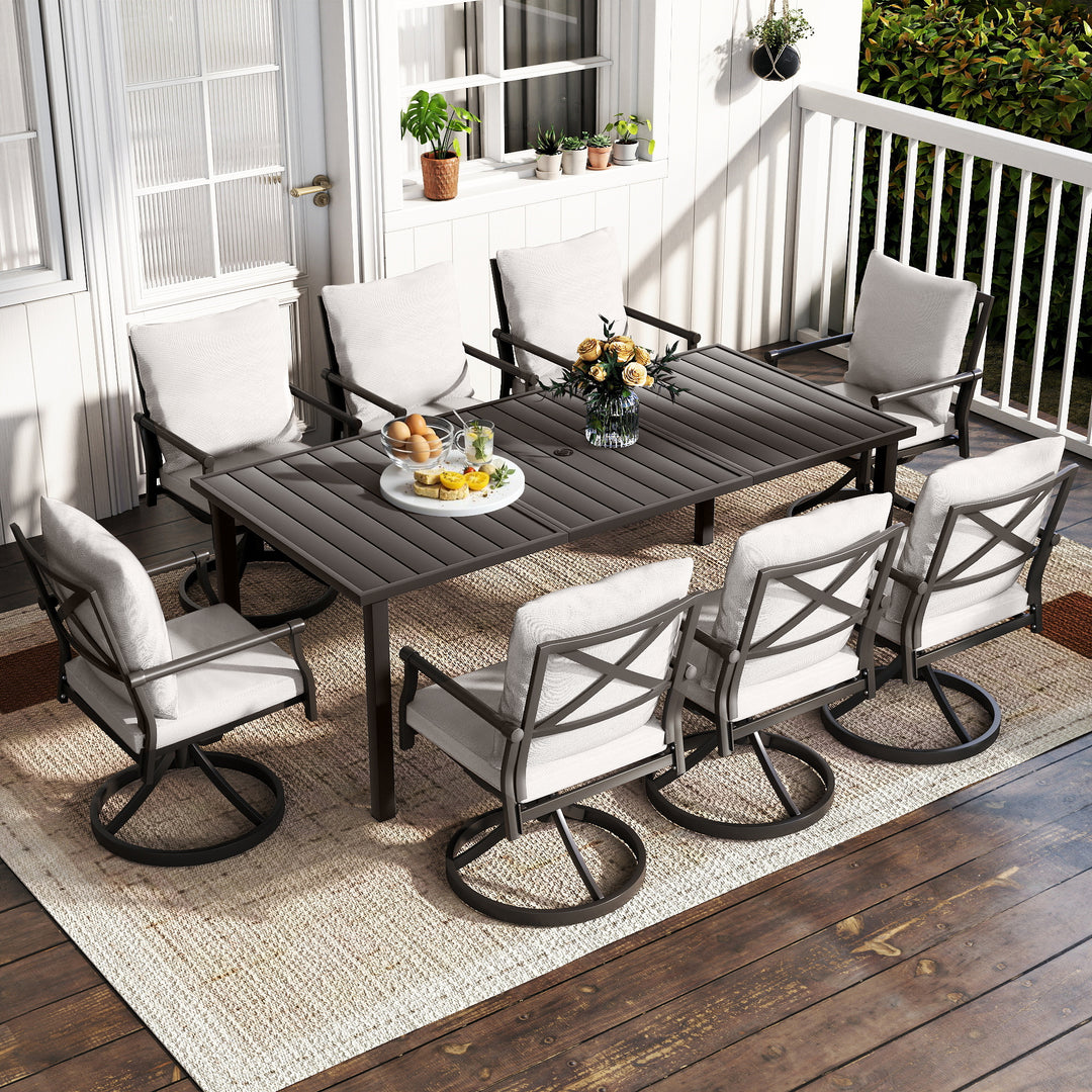 HAPPATIO Patio Dining Set, Metal Outdoor Table and Chairs  Ser, Powder-Coated Metal Chairs with Thickened Cushions, Rectangular Table with Umbrella Hole for Deck Backyard Lawn