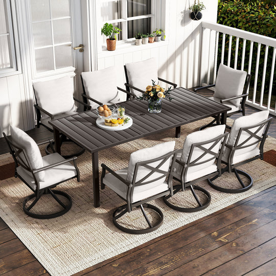 HAPPATIO Patio Dining Set, Metal Outdoor Table and Chairs  Ser, Powder-Coated Metal Chairs with Thickened Cushions, Rectangular Table with Umbrella Hole for Deck Backyard Lawn