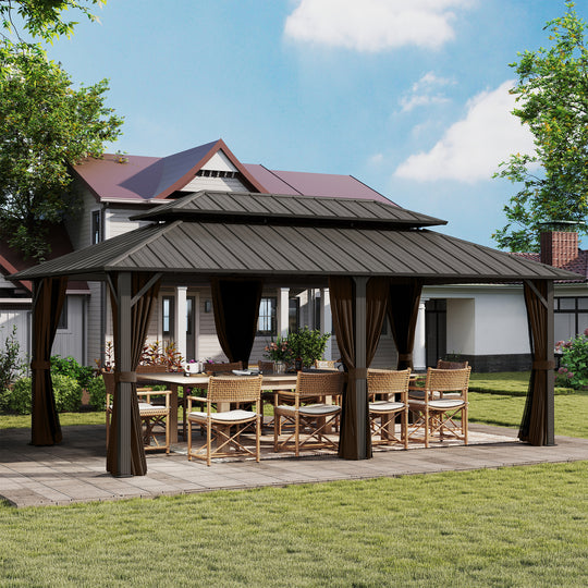 HAPPATIO Outdoor Gazebo with Hardtop Roof, Double Galvanized Steel Roof Canopy with Aluminum Frame, Curtains and Netting for Patio, Backyard, Deck, Lawn, Grey, Easy Assembly