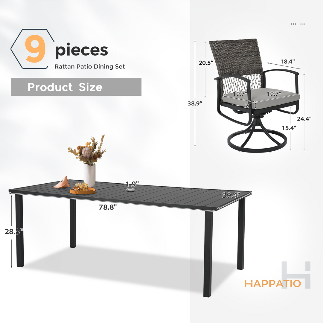 HAPPATIO Rattan Patio Dining Set, Outdoor Dining Set with Wicker Swivel Chairs, Powder-Coated Rectangular Dining Table with Umbrella Hole, Removable Cushions for Outside Lawn, Garden, Yard