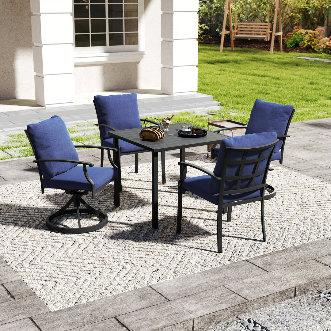 HAPPATIO Patio Dining Set, Outdoor Dining Set with Powder-Coated Metal, Table with Umbrella Hole, Stackable Chairs with Removable Cushions for Porch Poolside Garden