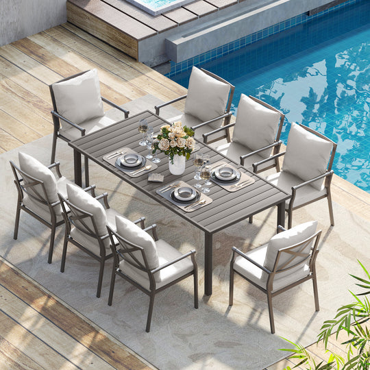 HAPPATIO Patio Dining Set, Metal Outdoor Table and Chairs  Ser, Powder-Coated Metal Chairs with Thickened Cushions, Rectangular Table with Umbrella Hole for Deck Backyard Lawn