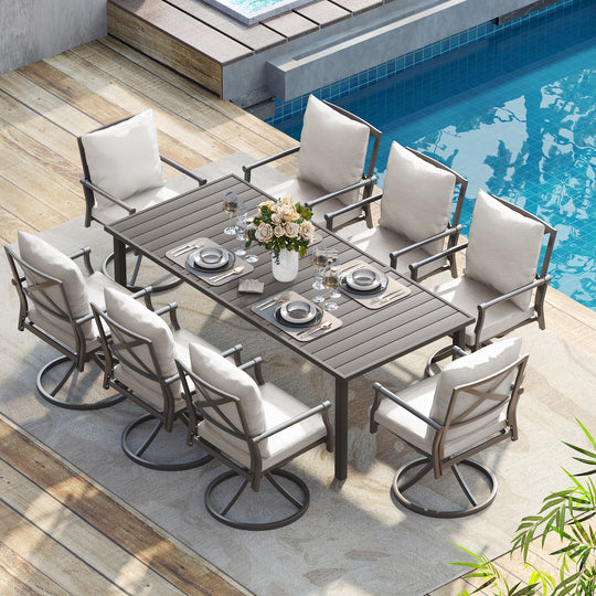 HAPPATIO Patio Dining Set, Metal Outdoor Table and Chairs  Ser, Powder-Coated Metal Chairs with Thickened Cushions, Rectangular Table with Umbrella Hole for Deck Backyard Lawn