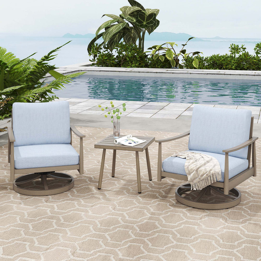 HAPPATIO Patio Bistro Set Outdoor - 3 Pieces Patio Aluminum Conversation Furniture Set, 2 Swivel Chairs with Backrest Rope Design and 1 Side Table for Garden, Pool, and Lawn