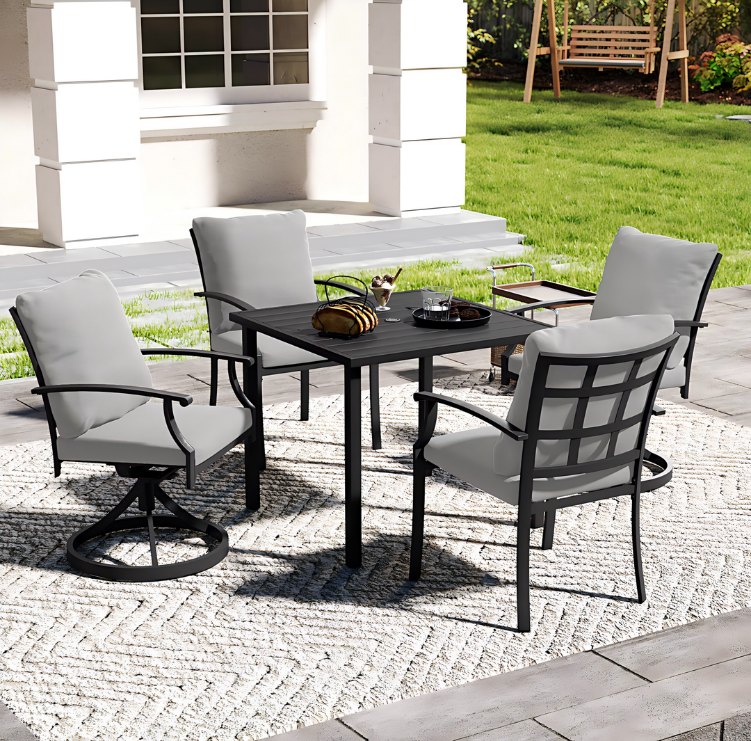 HAPPATIO Patio Dining Set, Outdoor Dining Set with Powder-Coated Metal, Table with Umbrella Hole, Stackable Chairs with Removable Cushions for Porch Poolside Garden