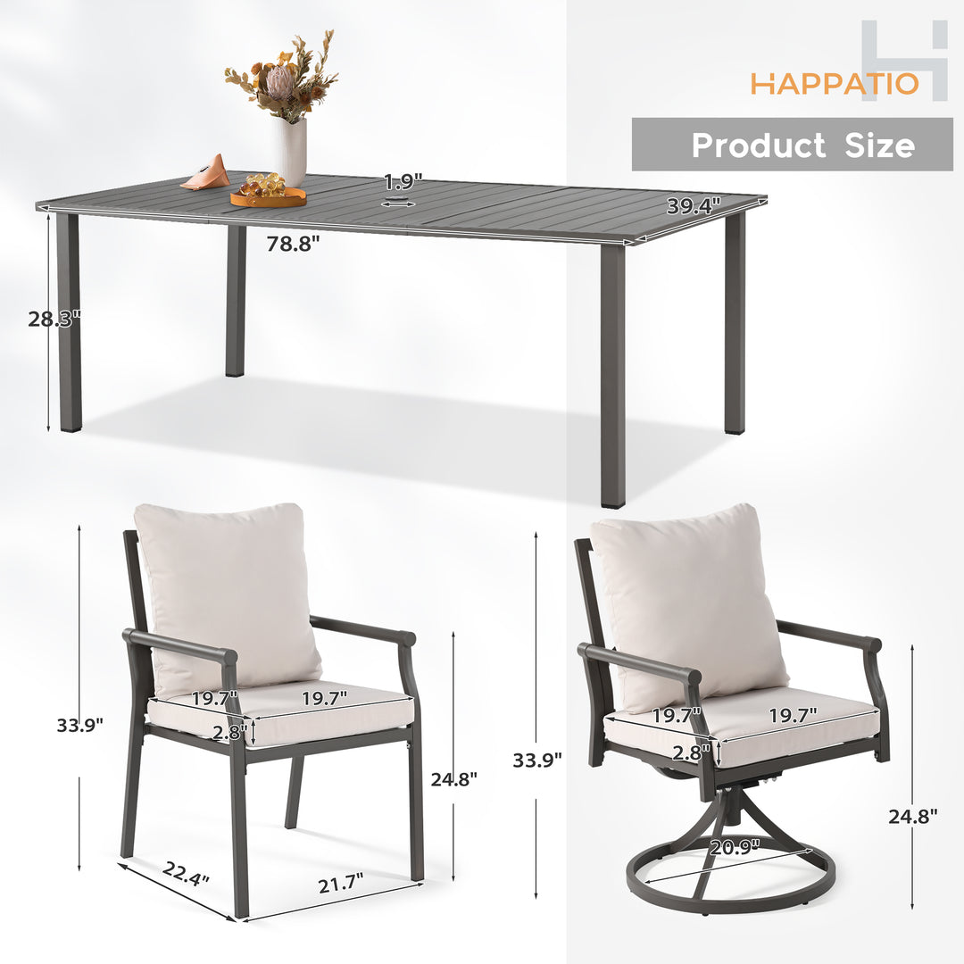 HAPPATIO Patio Dining Set, Metal Outdoor Table and Chairs  Ser, Powder-Coated Metal Chairs with Thickened Cushions, Rectangular Table with Umbrella Hole for Deck Backyard Lawn