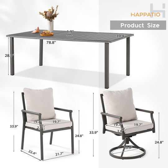 HAPPATIO Patio Dining Set, Metal Outdoor Table and Chairs  Ser, Powder-Coated Metal Chairs with Thickened Cushions, Rectangular Table with Umbrella Hole for Deck Backyard Lawn