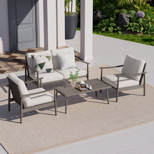 HAPPATIO Patio Outdoor Furniture Set - 4 Piece Aluminum Patio Conversation Set with 1 Coffee Table, 2 Armchairs and 1 Loveseat, Aluminum Outdoor Furniture Set for Backyard Deck Poolside