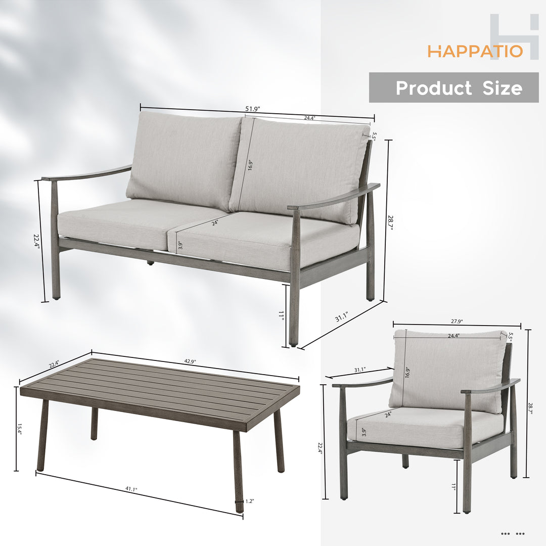 HAPPATIO Patio Outdoor Furniture Set - 4 Piece Aluminum Patio Conversation Set with 1 Coffee Table, 2 Armchairs and 1 Loveseat, Aluminum Outdoor Furniture Set for Backyard Deck Poolside