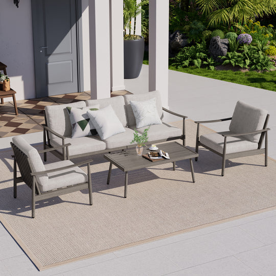 HAPPATIO Patio Outdoor Furniture Set - 4 Piece Aluminum Patio Conversation Set with 1 Coffee Table, 2 Armchairs and 1 Three-Seater Sofa, Aluminum Outdoor Furniture Set for Backyard Poolside