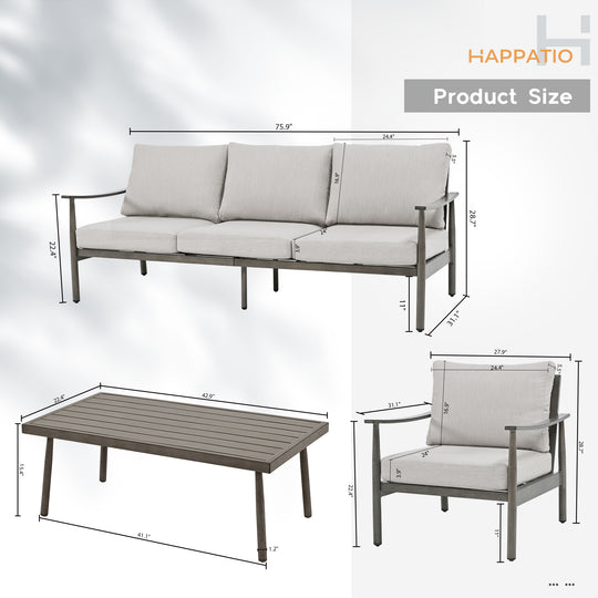 HAPPATIO Patio Outdoor Furniture Set - 4 Piece Aluminum Patio Conversation Set with 1 Coffee Table, 2 Armchairs and 1 Three-Seater Sofa, Aluminum Outdoor Furniture Set for Backyard Poolside