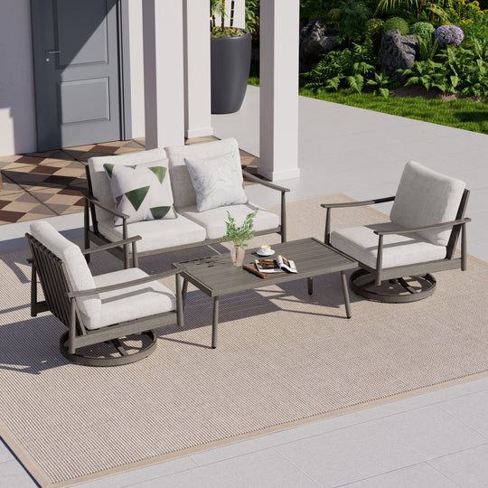 HAPPATIO Patio Outdoor Furniture Set - 4 Piece Aluminum Patio Conversation Set with 1 Coffee Table, 2 Swivel Chairs and 1 Loveseat, Aluminum Outdoor Furniture Set for Backyard Deck Poolside