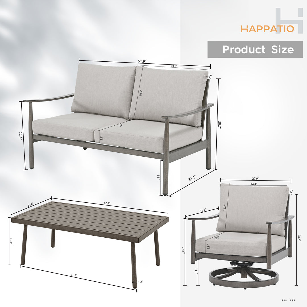 HAPPATIO Patio Outdoor Furniture Set - 4 Piece Aluminum Patio Conversation Set with 1 Coffee Table, 2 Swivel Chairs and 1 Loveseat, Aluminum Outdoor Furniture Set for Backyard Deck Poolside