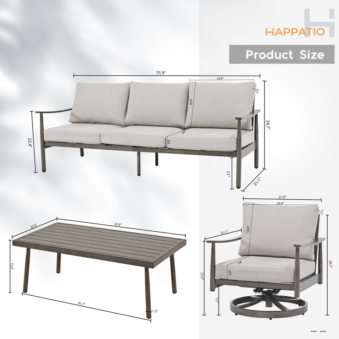 HAPPATIO Patio Outdoor Furniture Set - 4 Piece Aluminum Patio Conversation Set with 1 Coffee Table, 2 Swivel Chairs and 1 Three-Seater Sofa, Aluminum Outdoor Furniture Set for Backyard Poolside