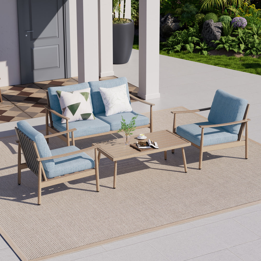 HAPPATIO Patio Outdoor Furniture Set - 4 Piece Aluminum Patio Conversation Set with 1 Coffee Table, 2 Armchairs and 1 Loveseat, Aluminum Outdoor Furniture Set for Backyard Deck Poolside