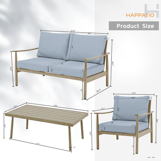 HAPPATIO Patio Outdoor Furniture Set - 4 Piece Aluminum Patio Conversation Set with 1 Coffee Table, 2 Armchairs and 1 Loveseat, Aluminum Outdoor Furniture Set for Backyard Deck Poolside