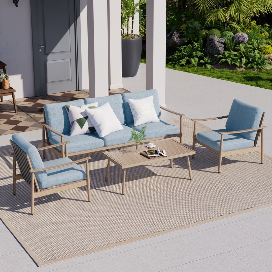 HAPPATIO Patio Outdoor Furniture Set - 4 Piece Aluminum Patio Conversation Set with 1 Coffee Table, 2 Armchairs and 1 Three-Seater Sofa, Aluminum Outdoor Furniture Set for Backyard Poolside