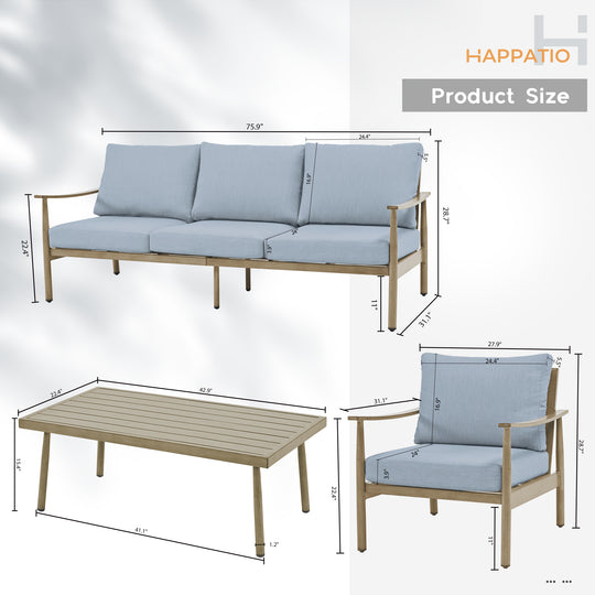 HAPPATIO Patio Outdoor Furniture Set - 4 Piece Aluminum Patio Conversation Set with 1 Coffee Table, 2 Armchairs and 1 Three-Seater Sofa, Aluminum Outdoor Furniture Set for Backyard Poolside