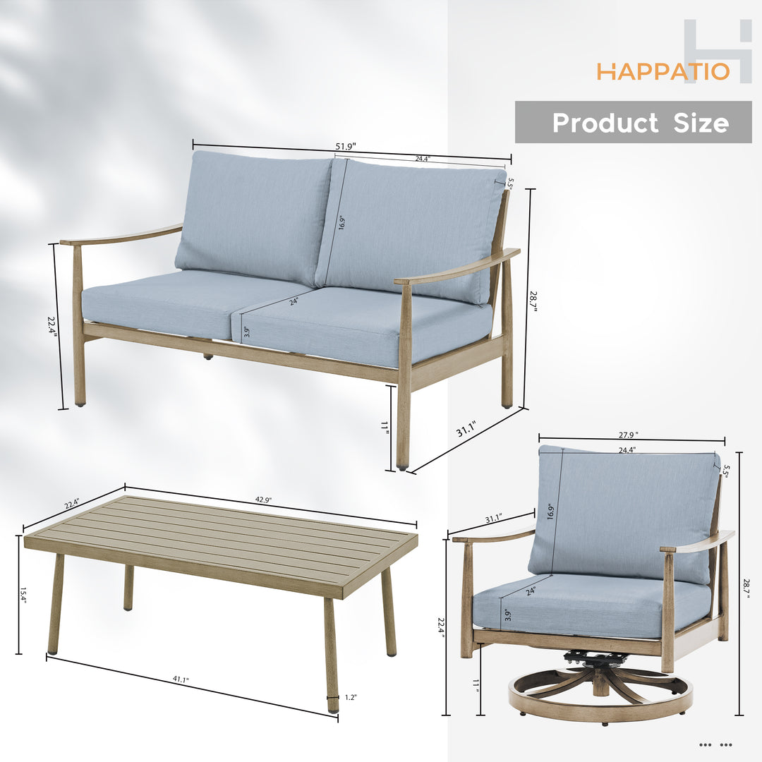 HAPPATIO Patio Outdoor Furniture Set - 4 Piece Aluminum Patio Conversation Set with 1 Coffee Table, 2 Swivel Chairs and 1 Loveseat, Aluminum Outdoor Furniture Set for Backyard Deck Poolside