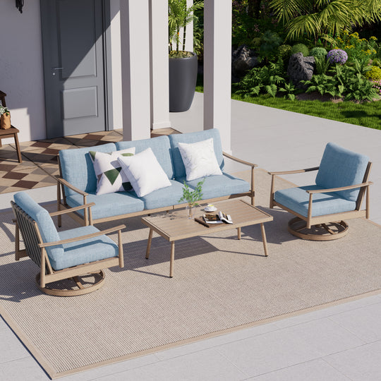 HAPPATIO Patio Outdoor Furniture Set - 4 Piece Aluminum Patio Conversation Set with 1 Coffee Table, 2 Swivel Chairs and 1 Three-Seater Sofa, Aluminum Outdoor Furniture Set for Backyard Poolside