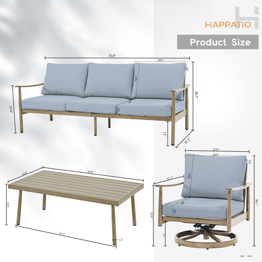 HAPPATIO Patio Outdoor Furniture Set - 4 Piece Aluminum Patio Conversation Set with 1 Coffee Table, 2 Swivel Chairs and 1 Three-Seater Sofa, Aluminum Outdoor Furniture Set for Backyard Poolside