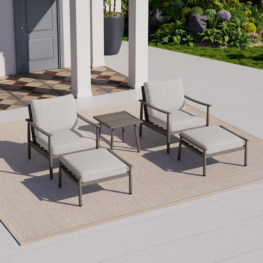 HAPPATIO Aluminum Outdoor Furniture Set - 5 Pieces Patio Furniture Set Includes 1 Side Table, 2 Armchairs and 2 Ottomans with Thick Cushion, Patio Conversation Set for Backyard Deck Poolside