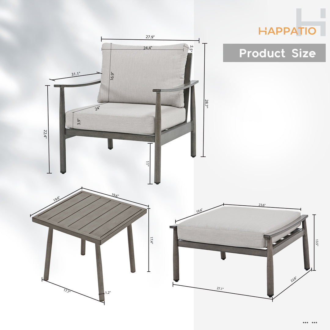 HAPPATIO Aluminum Outdoor Furniture Set - 5 Pieces Patio Furniture Set Includes 1 Side Table, 2 Armchairs and 2 Ottomans with Thick Cushion, Patio Conversation Set for Backyard Deck Poolside