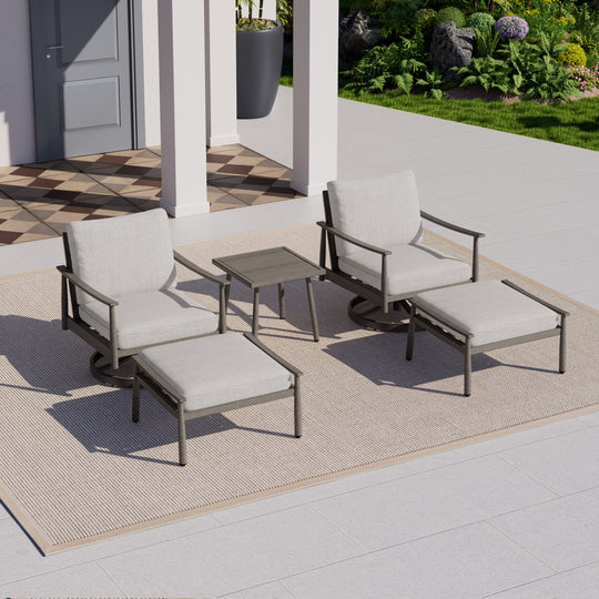 HAPPATIO Aluminum Outdoor Furniture Set - 5 Pieces Patio Furniture Set Includes 1 Side Table, 2 Swivel Chairs and 2 Ottomans with Thick Cushion, Patio Conversation Set for Backyard Poolside