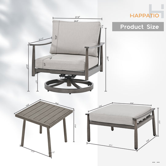 HAPPATIO Aluminum Outdoor Furniture Set - 5 Pieces Patio Furniture Set Includes 1 Side Table, 2 Swivel Chairs and 2 Ottomans with Thick Cushion, Patio Conversation Set for Backyard Poolside