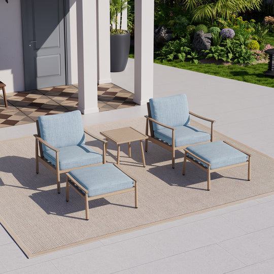 HAPPATIO Aluminum Outdoor Furniture Set - 5 Pieces Patio Furniture Set Includes 1 Side Table, 2 Armchairs and 2 Ottomans with Thick Cushion, Patio Conversation Set for Backyard Deck Poolside