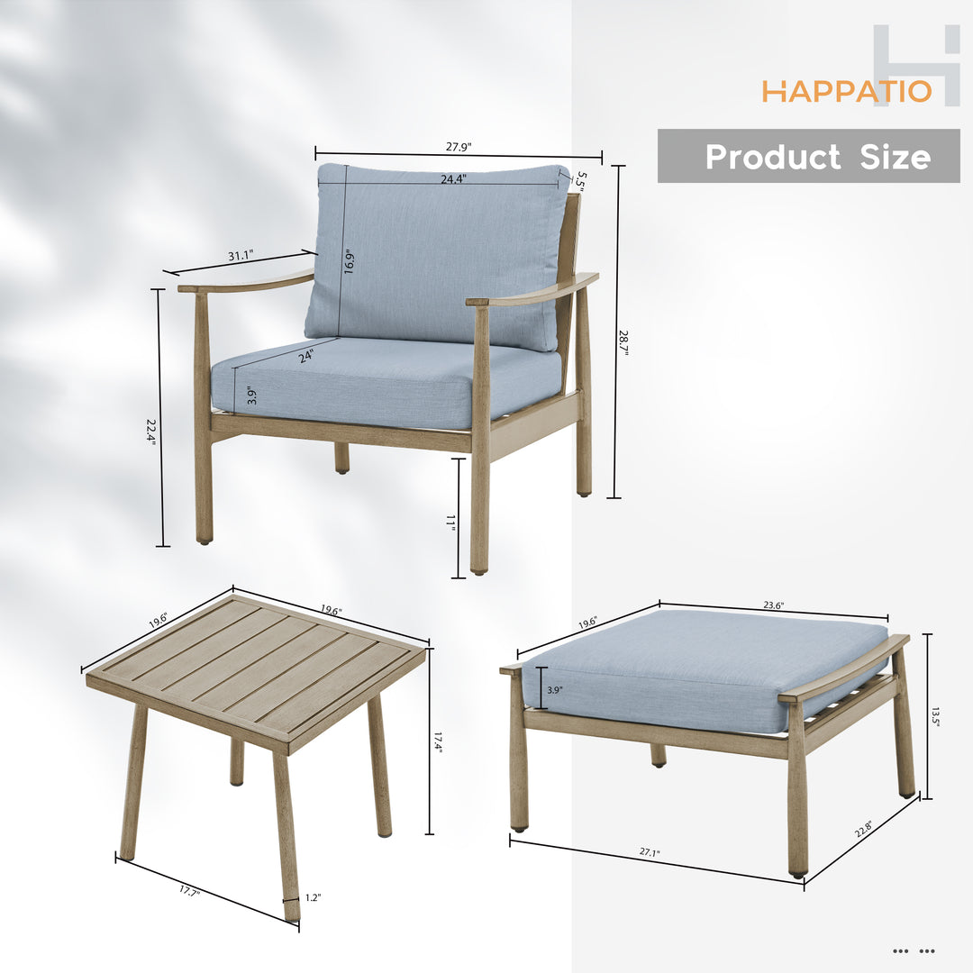 HAPPATIO Aluminum Outdoor Furniture Set - 5 Pieces Patio Furniture Set Includes 1 Side Table, 2 Armchairs and 2 Ottomans with Thick Cushion, Patio Conversation Set for Backyard Deck Poolside