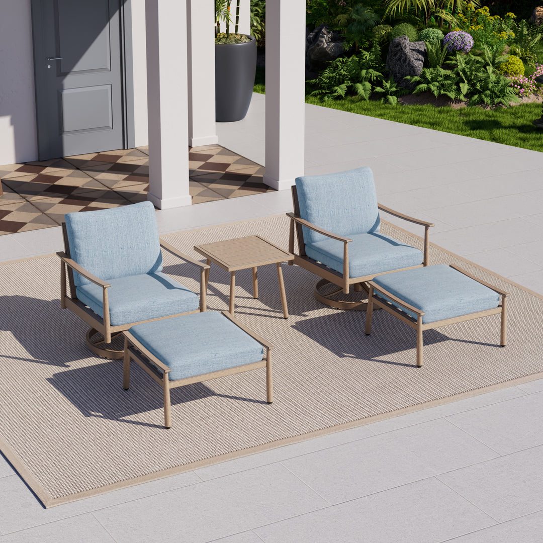 HAPPATIO Aluminum Outdoor Furniture Set - 5 Pieces Patio Furniture Set Includes 1 Side Table, 2 Swivel Chairs and 2 Ottomans with Thick Cushion, Patio Conversation Set for Backyard Poolside