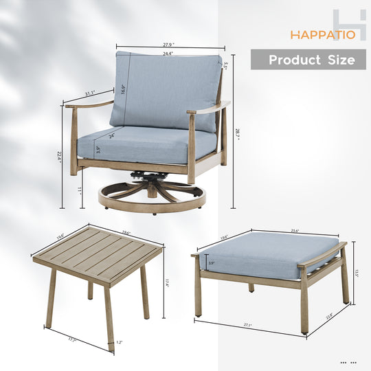 HAPPATIO Aluminum Outdoor Furniture Set - 5 Pieces Patio Furniture Set Includes 1 Side Table, 2 Swivel Chairs and 2 Ottomans with Thick Cushion, Patio Conversation Set for Backyard Poolside