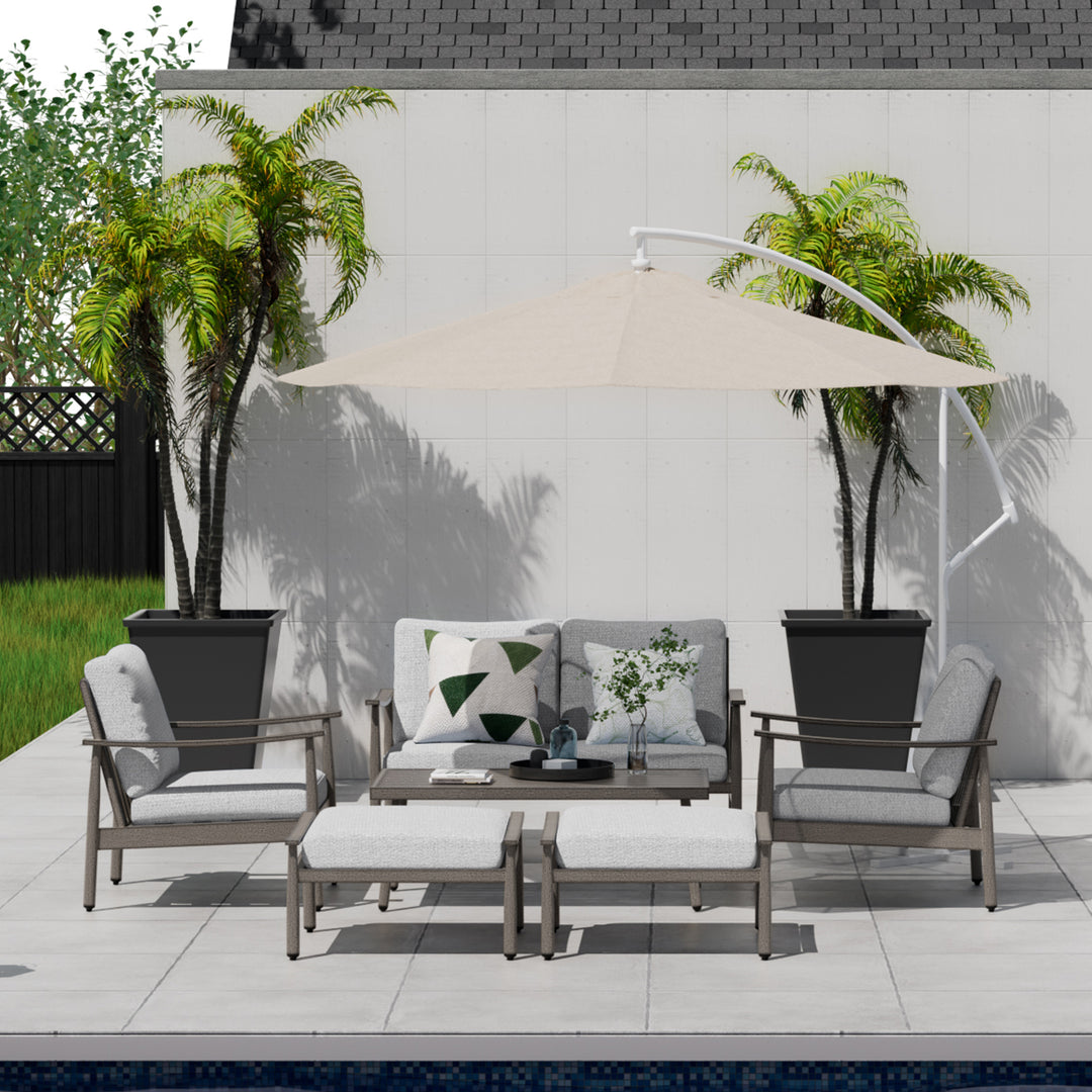 HAPPATIO Patio Outdoor Furniture Set - 6 Pieces Aluminum Outdoor Conversation Set with 1 Cushioned Loveseat, 2 Armchairs, 1 Coffee Table and 2 Ottomans for Yard, Porch, and Deck