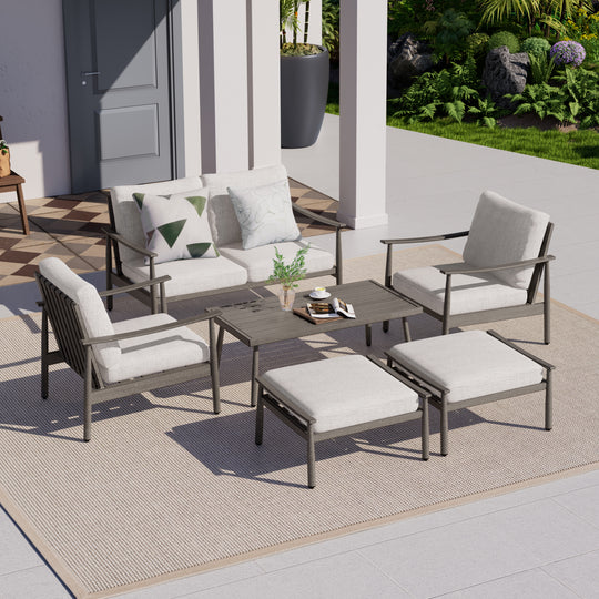 HAPPATIO Patio Outdoor Furniture Set - 6 Pieces Aluminum Outdoor Conversation Set with 1 Cushioned Loveseat, 2 Armchairs, 1 Coffee Table and 2 Ottomans for Yard, Porch, and Deck