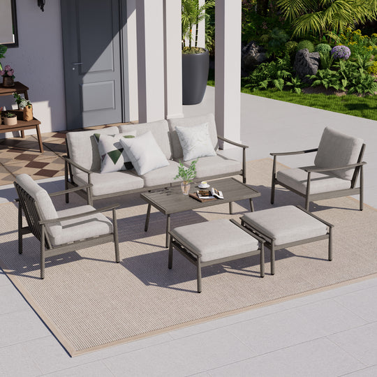 HAPPATIO Patio Outdoor Furniture Set - 6 Pieces Aluminum Outdoor Conversation Set with 1 Three-Seater Sofa, 1 Coffee Table, 2 Armchairs, and 2 Ottomans for Yard, Porch, and Deck