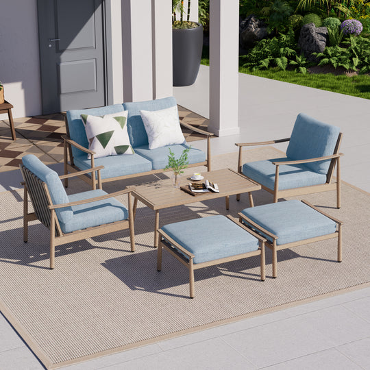 HAPPATIO Patio Outdoor Furniture Set - 6 Pieces Aluminum Outdoor Conversation Set with 1 Cushioned Loveseat, 2 Armchairs, 1 Coffee Table and 2 Ottomans for Yard, Porch, and Deck