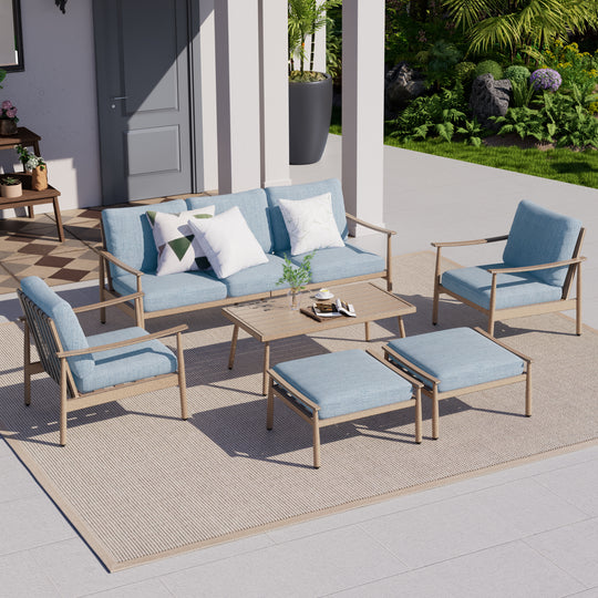 HAPPATIO Patio Outdoor Furniture Set - 6 Pieces Aluminum Outdoor Conversation Set with 1 Three-Seater Sofa, 1 Coffee Table, 2 Armchairs, and 2 Ottomans for Yard, Porch, and Deck