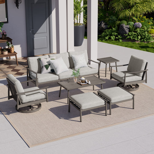 HAPPATIO Patio Outdoor Furniture Set - 7 Pieces Aluminum Outdoor Conversation Set Includes 1 Three-Seater Sofa, 1 Side Table, 1 Coffee Table, 2 Swivel Chairs and 2 Ottomans for Porch, Lawn