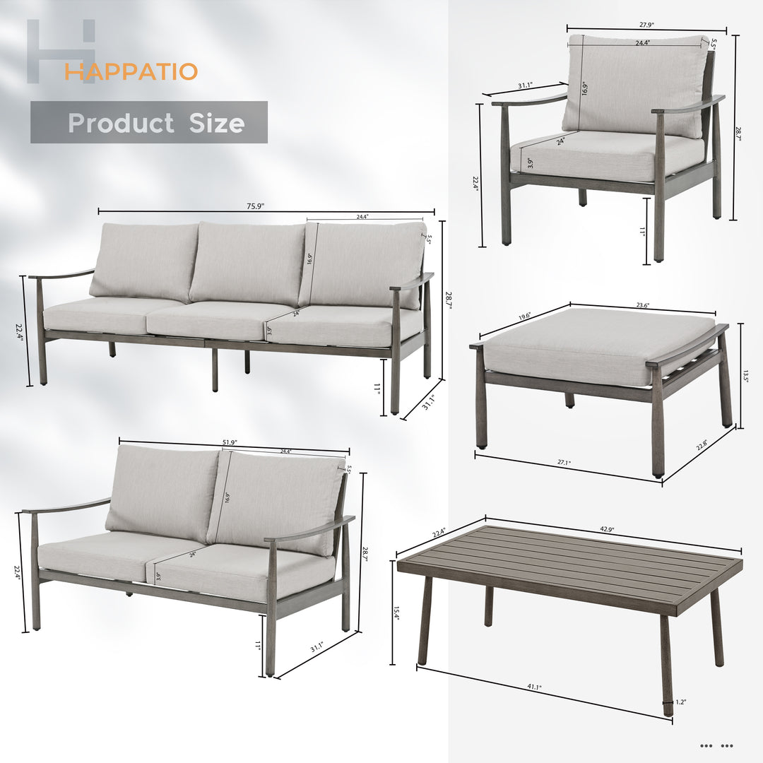 HAPPATIO Patio Outdoor Furniture Set - 7 Pieces Aluminum Outdoor Conversation Set Includes 1 Three-Seater Sofa, 1 Coffee Table, 1 Loveseat, 2 Armchairs and 2 Ottomans for Porch, Yard, Lawn